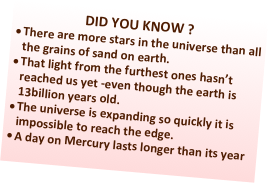 DID YOU KNOW ?
There are more stars in the universe than all the grains of sand on earth.
That light from the furthest ones hasn’t reached us yet -even though the earth is 13billion years old.
The universe is expanding so quickly it is impossible to reach the edge.
A day on Mercury lasts longer than its year
